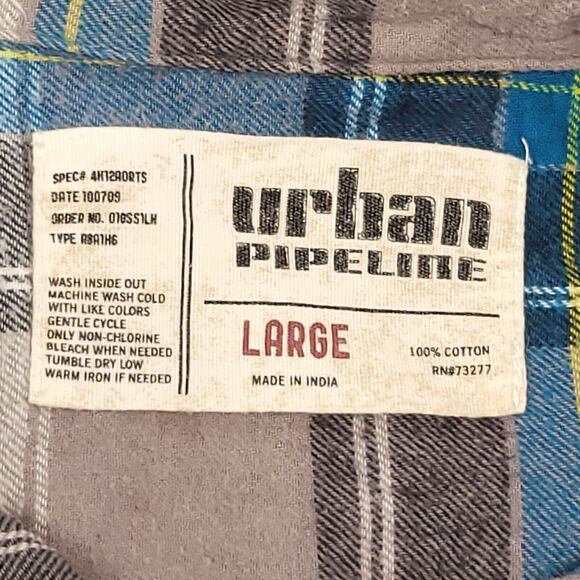 Urban Pipeline Madras Flannel Button Up Shirt Mens Size Large L Blue Gray - Picture 3 of 10